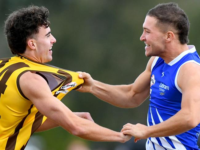 Jesse Eickhoff of Rowville wrestles with Sam Lowson of East Ringwood during the round eight EFNL Premier Eastland Senior Mens match between Rowville and East Ringwood at Seebeck Oval, on June 01, 2024, in Melbourne, Australia. (Photo by Josh Chadwick)