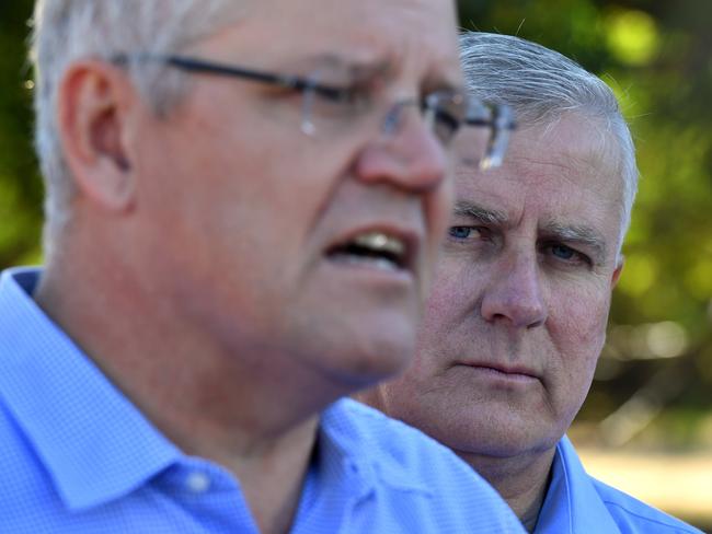 Prime Minister Scott Morrison, and Deputy Prime Minister Michael McCormack at a press conference on Eumungerie Farm, 32km North of Dubbo NSW, Saturday, April 27, 2019. (AAP Image/Mick Tsikas) NO ARCHIVING