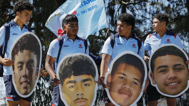 NSW Waratahs young guns with their fan heads. Picture: © Karen Watson