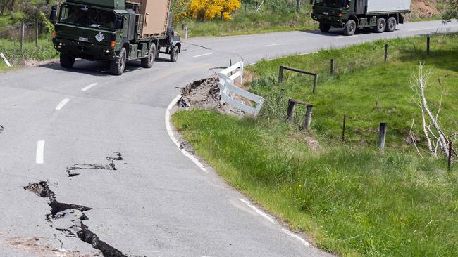 A convoy makes its way to deliver Civil Defence support in Kaikoura, South Island, New Zealand, after the November 14, 2016 earthquake. Picture: AAP Image/New Zealand Defence Force, Defence Force Affairs, LAC Chad Sharman