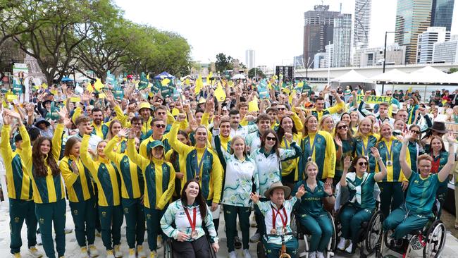 The Australian Olympic and Paralympic team pose during a Welcome Home Event for Australia's Olympian and Paralympians at South Bank on September 14, 2024 in Brisbane, Australia. (Photo by Mackenzie Sweetnam/Getty Images)