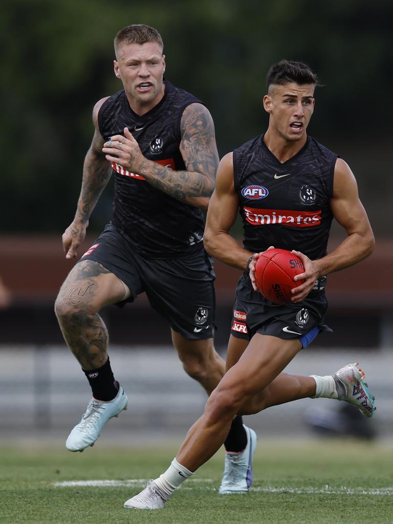 Nick Daicos and Jordan De Goey of the Magpies have formed a potent duo for the Pies this pre-season. Picture: Michael Klein