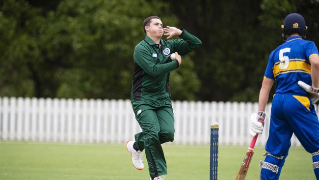 Ashton Clark bowls for Brisbane Boys College (BBC) against Toowoomba Grammar School. Picture: Kevin Farmer