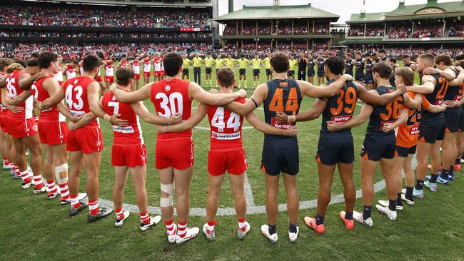 The Swans and Giants come together in solidarity for Zero tolerance to violence against women during the Sydney Derby XVXII AFL match between the Sydney Swans and GWS Giants at the SCG on May 4, 2024. Photo by Phil Hillyard(Image Supplied for Editorial Use only - **NO ON SALES** - Â©Phil Hillyard )