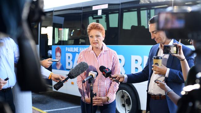 Pauline Hanson speaks to media during a stop on the One Nation 'Battler Bus' in Rockhampton earlier in the month. Picture: AAP/Dave Hunt