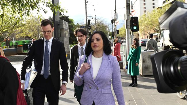 Moira Deeming leaving Federal Court. Exiled Liberal Moira Deeming will face off against Opposition Leader John Pesutto as her defamation trial gets underway. Mrs Deeming was expelled from the party room in May last year after she attended the Let Women Speak rally that was gatecrashed by neo-Nazis. Picture: Josie Hayden