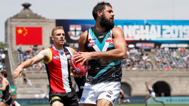 Paddy Ryder in action for Port Adelaide against St Kilda in the 2019 Round 11 match played at Jiangwan Stadium in Shanghai, China last June. Picture: AFL Photos