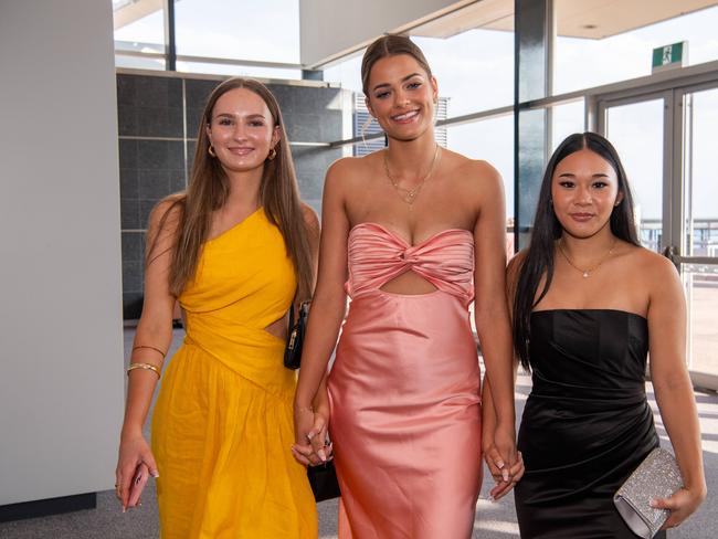 Shelbie Francis, Annabel Kievit and Chloe lai at the Year 12 School formals of Darwin High School at Darwin Convention Centre, Darwin. Picture: Pema Tamang Pakhrin.