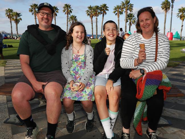 Josh, Nora, Ewan and Megan Williams. Locals and visitors arrived early to get a good spot for the Geelong New Years Eve celebrations. Picture: Alan Barber