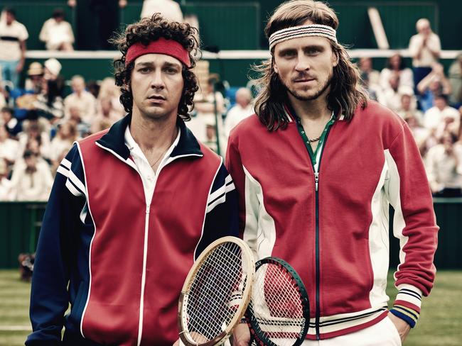 L-R: Shia LaBeouf (as John McEnroe) and Sverrir Gudnason (as Bjorn Borg) in a scene from film Borg vs McEnroe