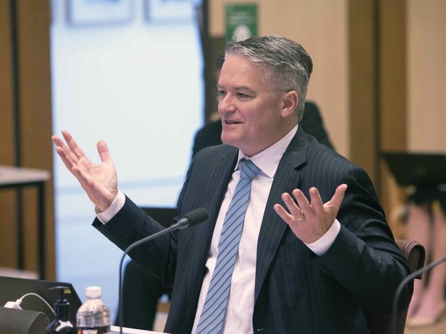 Mathias Cormann reacts Senate Estimates. Picture: Gary Ramage