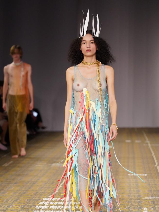 Ribbons! A model walks the runway during the ALIX HIGGINS show at Australian Fashion Week 2025 on May 14, 2025 in Sydney, Australia. (Photo by Nina Franova/Getty Images)