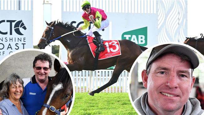 Sunshine Coast trainers Sheila Laxon, John Symons and Stuart Kendrick. Pictures: Patrick Woods and Trackside Photography