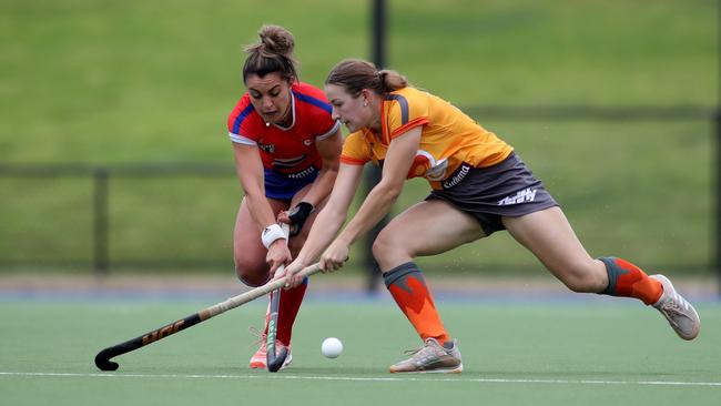 Michaela Spano of the Fire competes against Claire Colwill of the Blaze during the women's round 3 Hockey One field hockey competition between Adelaide Fire and Brisbane Blaze at the State Hockey Centre in Adelaide, Sunday, October 13, 2019. Claire Colwill has been nominated as Queensland Junior Sports Star of the Year. Picture: Kelly Barnes