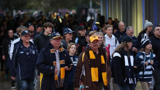 Footy fans stream into Perth Stadium before the match. Picture: Getty Images