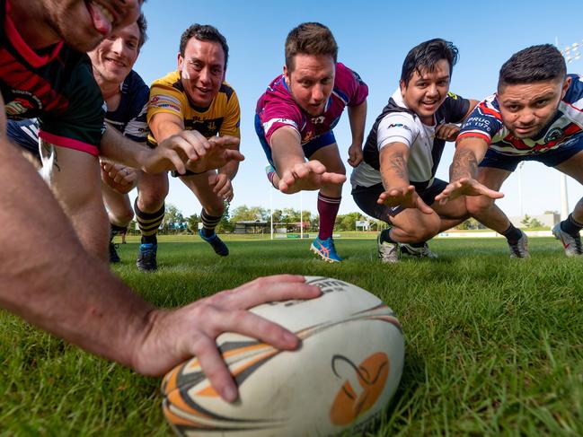 The Darwin Rugby Union season is set to launch on October 24. Picture are, from left, Zac Burge (South Darwin Rabbitohs), Mark Ross (Casuarina Cougars), Hirini Murfitt (Darwin Dragons), Mark Gillam (Swampdogs), Dennis Hill (University Pirates) and Kendall Quakawoot (Palmerston Crocs). Picture: Che Chorley