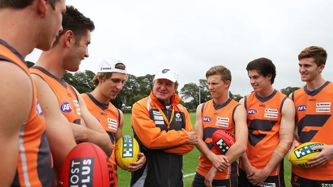 James Stewart (far right) arrived at GWS with Kevin Sheedy as coach and alongside Aidan Corr, Kristian Jaksch, Jono O'Rourke, Lachie Whitfield and Lachie Plowman.