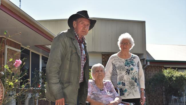 Tarcoola Residents Neil Smith, 84, Betty Shepheard, 91, and Jeanette Grimes, 84, said they were devastated to hear the council planned to move them from their home. Pic: Peta McEachern