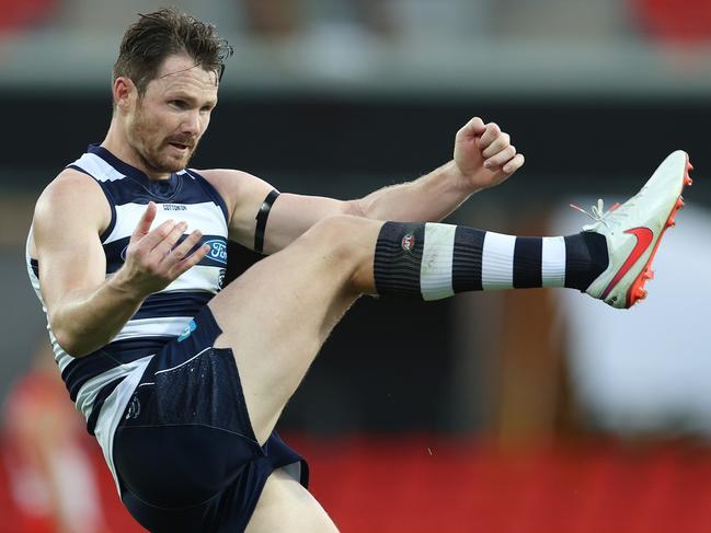 AFL Round 18. 20/09/2020.  Sydney Swans vs Geelong at Metricon Stadium, Gold Coast.   Patrick Dangerfield of the Cats kicks a goal in the 4th qtr   . Pic: Michael Klein