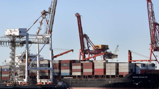 More than 1800 wharfies will walk off DP World terminals nationwide, including Melbourne. Picture: File/AFP Photo/William West