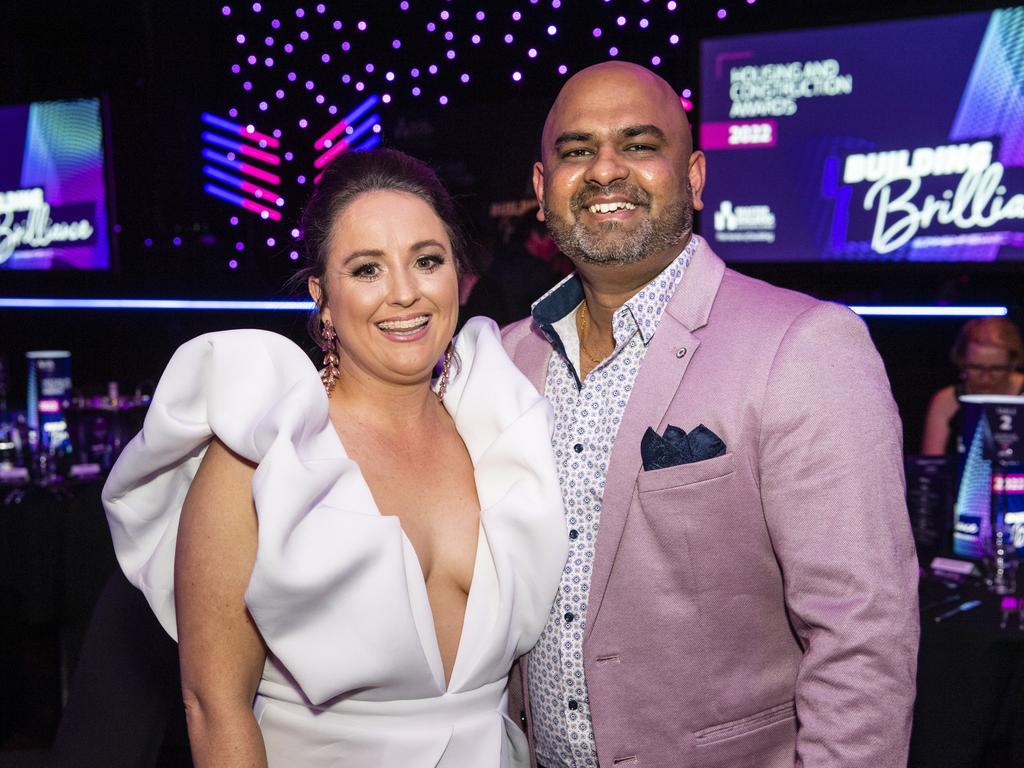 Amy Barlow and Bhavdip Panchal of Carpet Court at the Downs and Western Housing and Construction Awards at Rumours International, Friday, July 22, 2022. Picture: Kevin Farmer