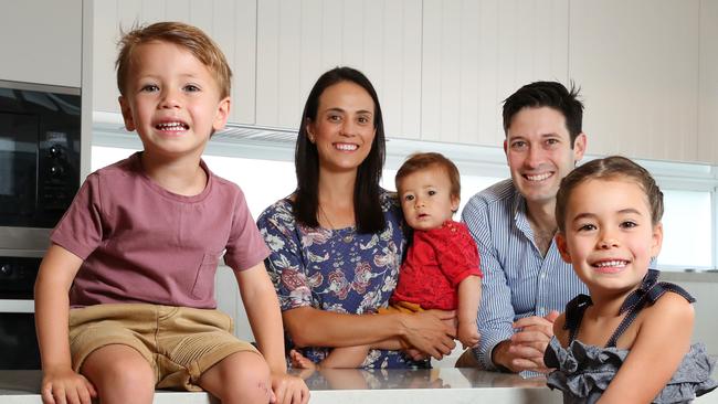 Adam Renai, 33, took paid parental leave while his wife Philippa Renai, 34 returned to work. They’re pictured with children Isla, 5, Jack, 3, and Hugo, 10 months. Picture: Liam Kidston