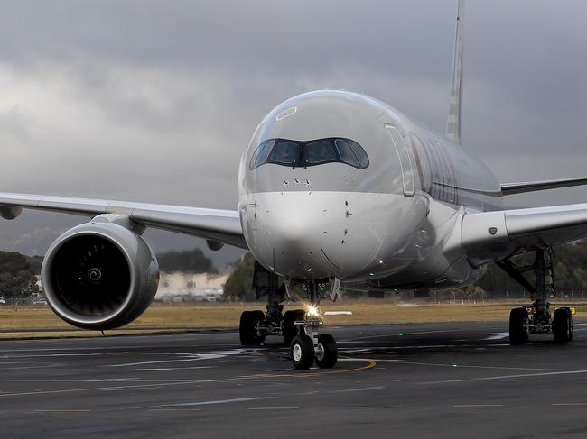 First flight of Qatar Airways landing at Adelaide Airport. Picture Campbell Brodie.