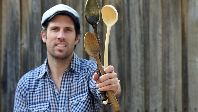 Peter Trott is a spoon maker, wielding an axe to make his wooden creations. Picture: Zoe Phillips