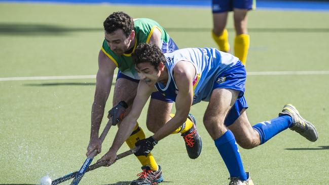 Brisbane player Hugh Pembroke (left) and Josh Bidgood of Toowoomba 1 in Hockey Queensland Championships men's final at Clyde Park, Monday, May 3, 2021. Picture: Kevin Farmer