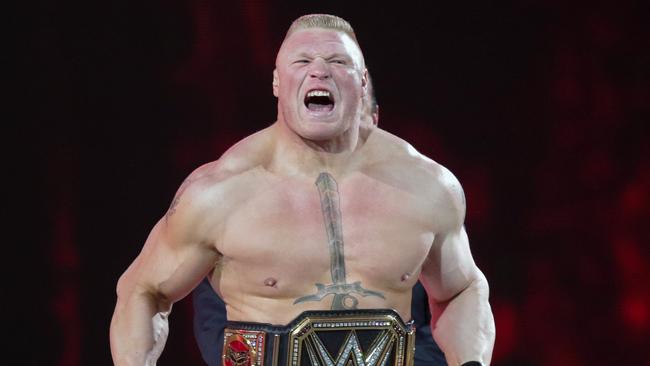 Brock Lesnar makes his entrance at WrestleMania XXXI in Santa Clara.