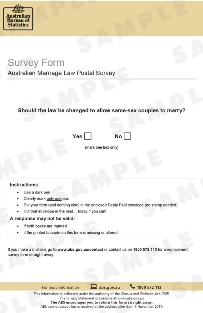 This is what the Australian Marriage Law Postal Survey form looks like. Picture: AAP Image/Australian Government