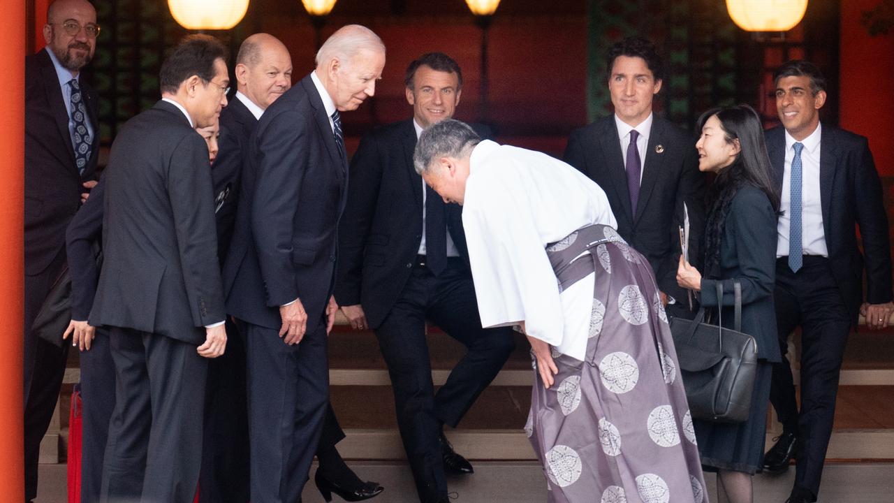 Biden arrives to meet with the other G7 leaders at the Itsukushima Shrine during the G7 Summit on May 19. Picture: Stefan Rousseau – Pool/Getty Images