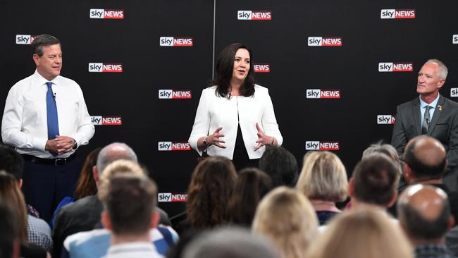 Queensland Premier Annastacia Palaszczuk (centre), Leader of the Opposition Tim Nicholls (left) and One Nation's Steve Dickson duringthe debate. Picture: AAP.