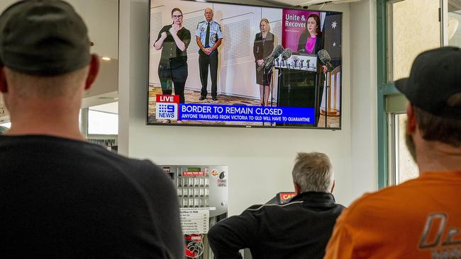 Patrons at Tweed Heads & Coolangatta Surf Life Saving Club listening to Queensland Premier Annastacia Palaszczuk making announcements about the QLD/NSW border and new relaxed COVID-19 restrictions.  Picture: Jerad Williams