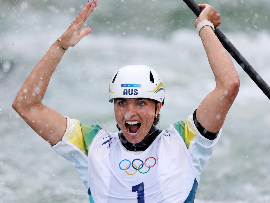 PARIS, FRANCE - JULY 31: Jessica Fox of Team Australia celebrates during the Canoe Slalom Women's Canoe Single Final on day five of the Olympic Games Paris 2024 at Vaires-Sur-Marne Nautical Stadium on July 31, 2024 in Paris, France. (Photo by Justin Setterfield/Getty Images)