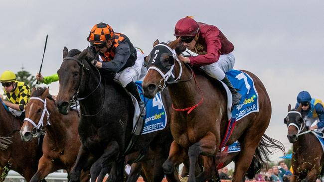 Climbing Star (right) wins the Group 1 Robert Sangster Stakes. Picture: Makoto Kaneko