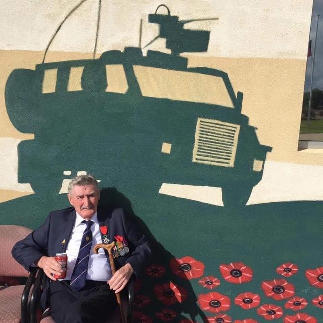 Normandy veteran Derek Dawson photographed after the 2017 Dawn Service outside the Port Noarlunga/Christies Beach RSL. Picture: Dawson family