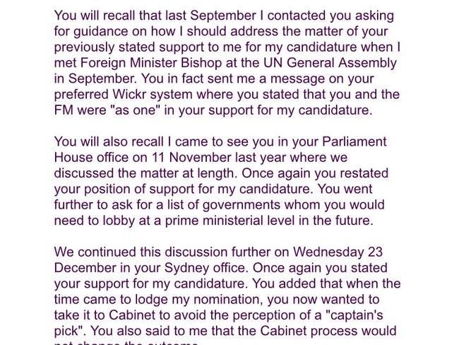 Kevin Rudd’s letter to Malcolm Turnbull in May says the pair were chatting via Wickr and that the Prime Minister had fully supported Mr Rudd’s UN bid