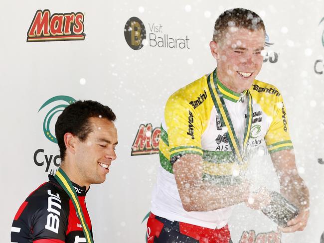 Rohan Dennis (R) celebrates his victory. Picture: Colleen Petch.