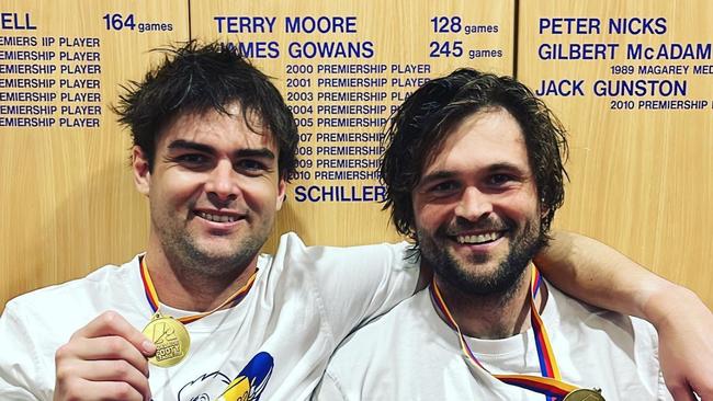 Lewis Johnston (left) celebrates Golden Grove's 2022 premiership with teammate Cam Shenton. Picture: Instagram/@lj23__