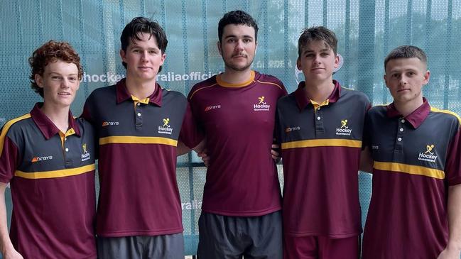 Sam Riggs, Jack Kearines, Haiden Mellifont and Kaleb Mayfield at the Under 18 Nationals in January. The players are now getting ready to go again in Hobart. Picture: Mackay Hockey