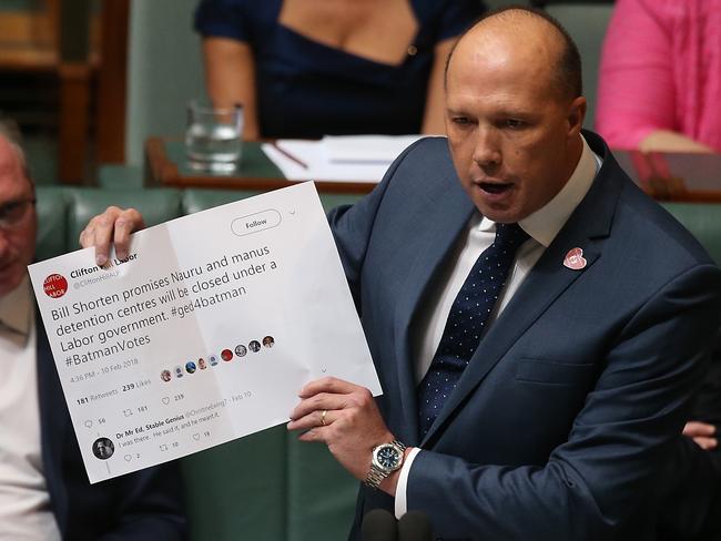 Home Affairs Minister Peter Dutton in Question Time in the House of Representatives Chamber, at Parliament House in Canberra.