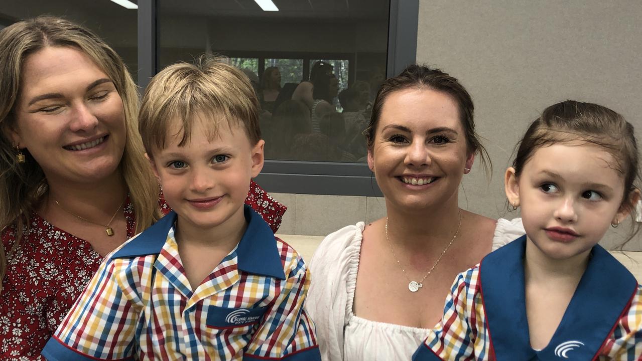 The first day of school in prep at Queensland’s newest primary school Scenic Shores State School for Archer Philp, 5, with his mum Renee Philp along with Amy Callcott and Amirah, 5. Pictures; JUDITH KERR