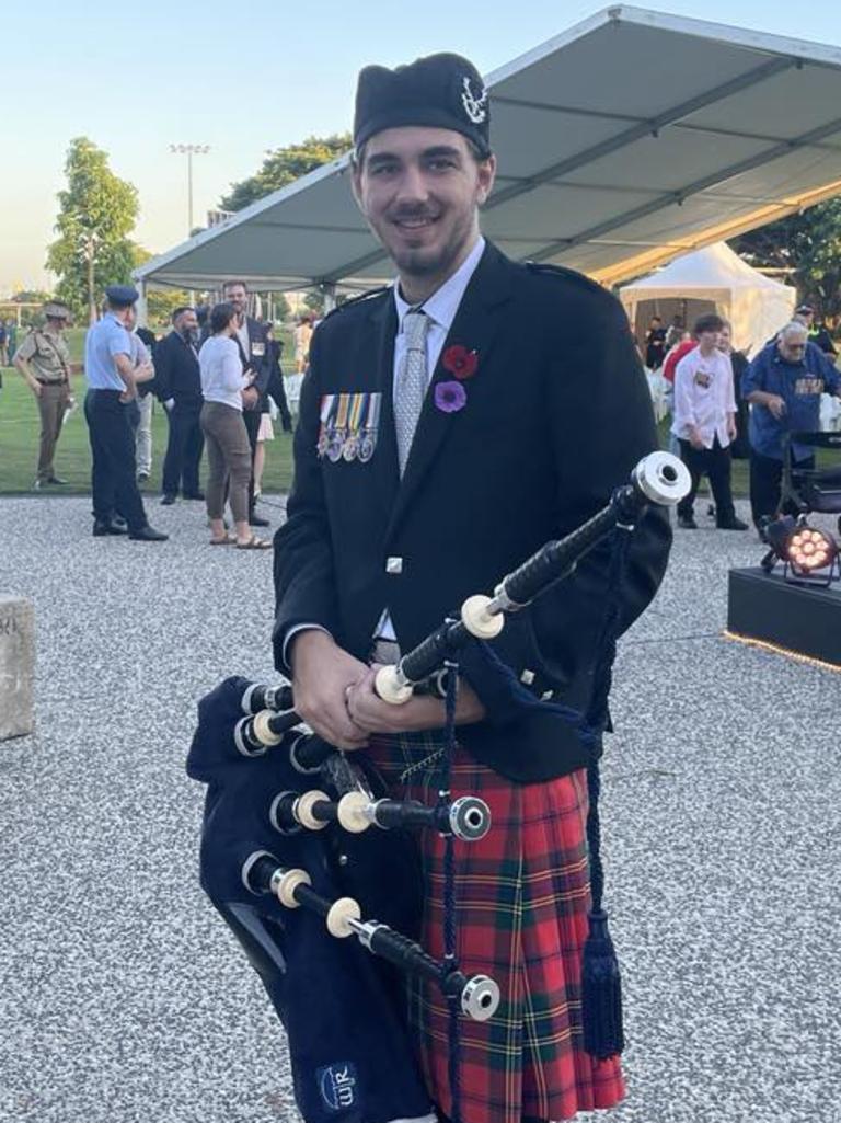 Townsville man, Conor Harley, 22, debuted his bagpipes skills, supported by his family at the Anzac Day service in Thuringowa 2024. Picture: Emily Devon