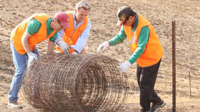 BlazeAid volunteers help install fencing in Adelaide Hills after the Black Summer bushfires.