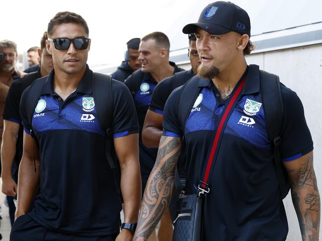 DAILY TELEGRAPH FEBRUARY 22, 2025. Warriors players including Te Maire Martin and James Fisher-Harris arriving at Las Vegas Airport for their NRL season opener against the Raiders. Picture: Jonathan Ng