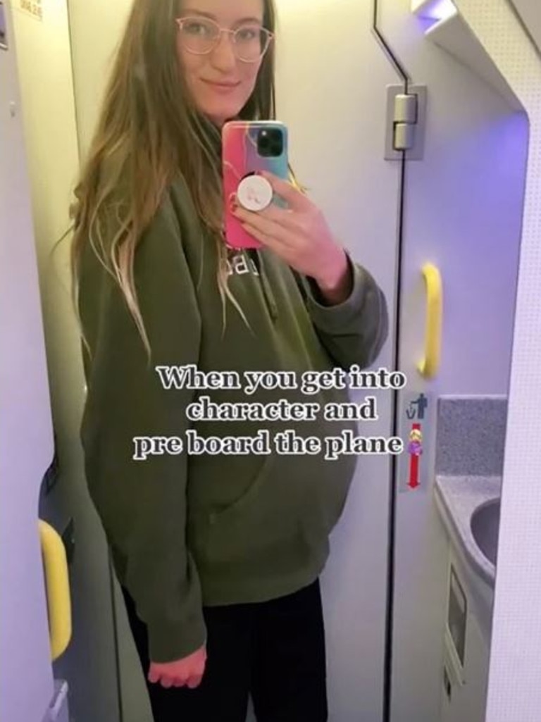 The TikTok said her scheme was so successful, she priority boarded as a pregnant person. Picture: @miniadvantures/TikTok