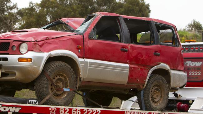 A tow truck leaves Jakem farm, with the 4WD on board. Picture: Emma Brasier