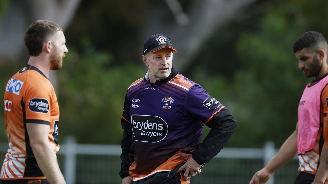 SYDNEY, AUSTRALIA - APRIL 13: Wests Tigers coach Michael Maguire looks on during a Wests Tigers NRL training session at St Lukes Park North on April 13, 2022 in Sydney, Australia. (Photo by Mark Evans/Getty Images)
