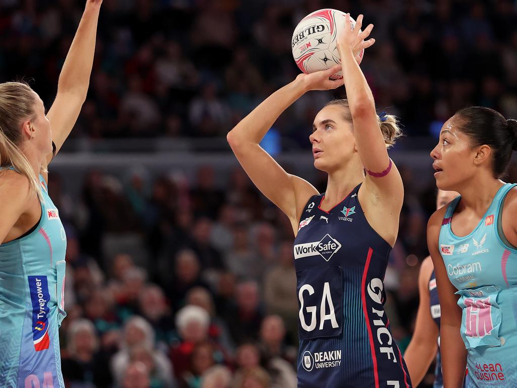 Kiera Austin takes one of her shots against Melbourne Mavericks at John Cain Arena. Picture: Kelly Defina/Getty Images